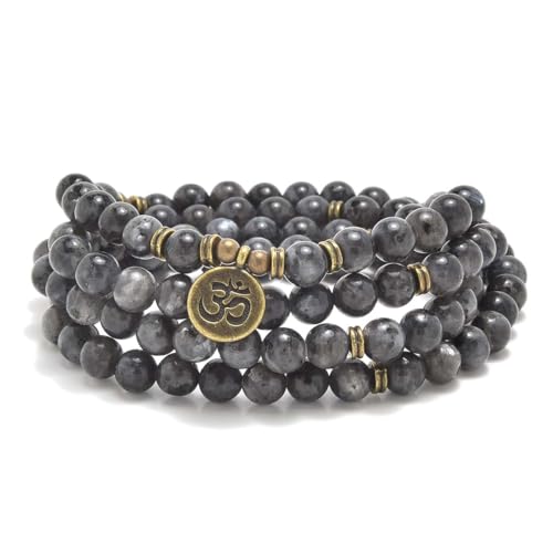 108 Natural Stone Mala Beads Yoga Jewelry Meditation Bracelet Necklace with om Charm - style: Labradorite