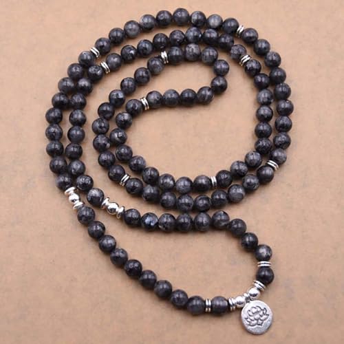 108 Mala Beads Bracelet Necklace - Gemstone Prayer Beads with Lotus Charm for Meditation & Yoga - style: Labrodrite