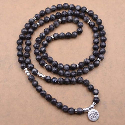 108 Mala Beads Bracelet Necklace - Gemstone Prayer Beads with Lotus Charm for Meditation & Yoga - style: Labrodrite