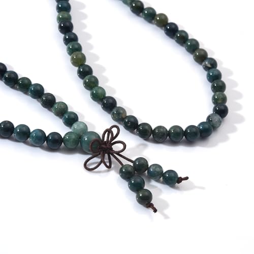 108 Mala Prayer Beads Bracelet 6mm Genuine Gemstone Healing Crystal Stone Beaded Bracelet Buddhist Tibetan Handmade Knotted Elastic Necklace for Yoga Meditation Unisex Women Men - color: Moss Agate