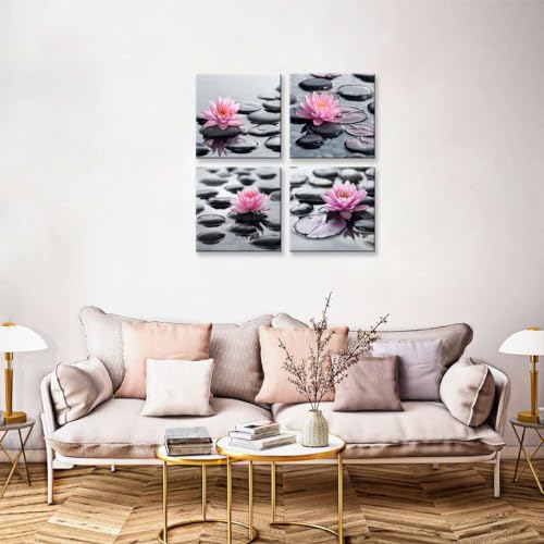 NAN Wind 4Pcs Zen Pink Water Lily Black Stones Framed Canvas Art Botanical Floral Print Modern Spa Art for Home Decor, Ready to Hang Flower Wall Art for Living Room Bedroom Meditation Space