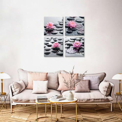 NAN Wind 4Pcs Zen Pink Water Lily Black Stones Framed Canvas Art Botanical Floral Print Modern Spa Art for Home Decor, Ready to Hang Flower Wall Art for Living Room Bedroom Meditation Space