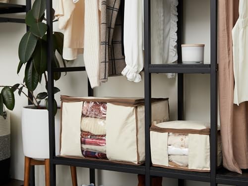 Covermates Canvas Storage Bag for Blankets, Clothes & Décor, 100% Cotton Breathable Fabric, Clear ID Window, Dual Zipper Closure, Carry Handles, Closet Organization, Natural - size: 13W x 13D x 6.5H - 3 PIECE SET