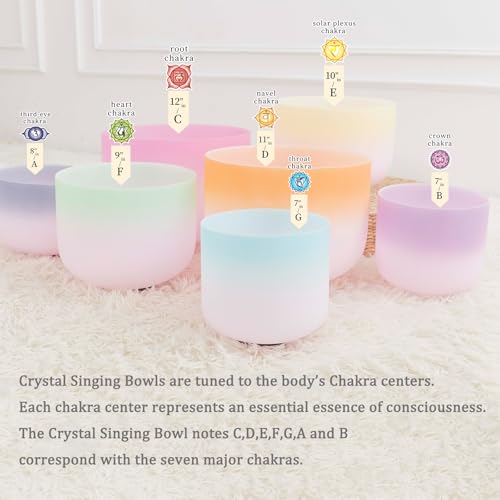 Hye-eun 432 hz Crystal Singing Bowl 7-12 Inch Set of 7 PCS Rainbow Gradient Frosted Quartz Crystal Chakra Singing Bowls with Carry Case Bag for Sound Healing and Therapy Meditation - color: 7-12inch 432hz Double Color 7pcs