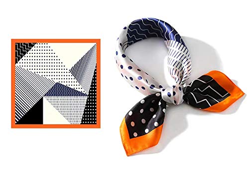 ANDANTINO 100% Mulberry Silk Scarf -21” Lightweight Square Neckerchief – Breathable Digital Printed Scarves with Gift Packed - color: Black& Orange Geometric