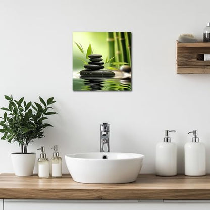 TIEHAOMAI Zen Canvas Wall Art Green Bamboo Stones Paintings Spa Stones Meditation Picture Prints for Gallery Corridor Decor（Zen-5,18x18inch (45x45cm)