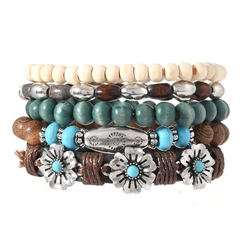 5pcs Wooden Bead Bracelet Set with Charm and Tassel for Men & Women - Stackable Boho Bracelets, Amber Color Scheme Adjustable Bracelet - color: White Cyan Brown