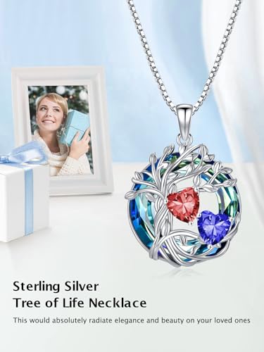 TOUPOP s925 Sterling Silver Family Celtic Tree of Life Pendant Necklaces with 2 Heart Birthstone with Blue Austrian Crystal Jewelry Birthday Valentines Day Gifts for Her, Anniversary Christmas Gifts for Wife Girlfriend Mom (18K Real White Gold Filled) - c