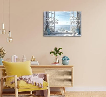 Coastal Flower Bathroom Canvas Wall Art Farmhouse Cotton Bouquet and Butterfly Bathroom on Window Wall Decor Rustic Blue Beach Butterfly Poster Print for Living Room Bedroom Restroom Home Decoration - size: 16"L x 12"W