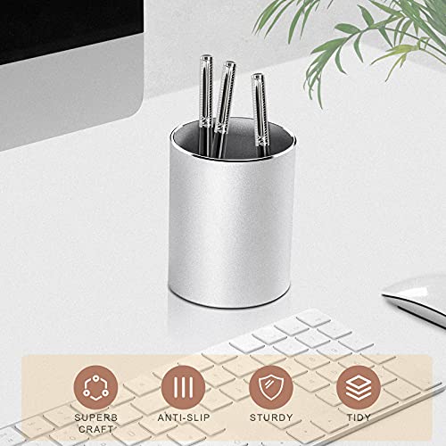Vaydeer Metal Pen Holder Aluminum Pencil Holder for desk, Round Desktop Organizer and Silver Pencil Cup for Office, School, Home and Stationary Supplies (3.15 x 3.15 x 3.94 Inches) - color: Silver