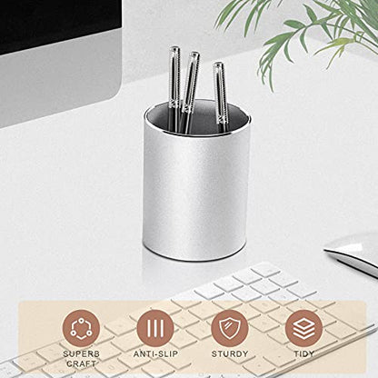 Vaydeer Metal Pen Holder Aluminum Pencil Holder for desk, Round Desktop Organizer and Silver Pencil Cup for Office, School, Home and Stationary Supplies (3.15 x 3.15 x 3.94 Inches) - color: Silver