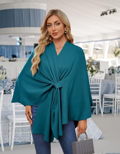 PULI Women's Elegant Shawl Wraps Soft Open Front Poncho Sweater for Spring Fall Winter - color: Front Tab-dark Cyan
