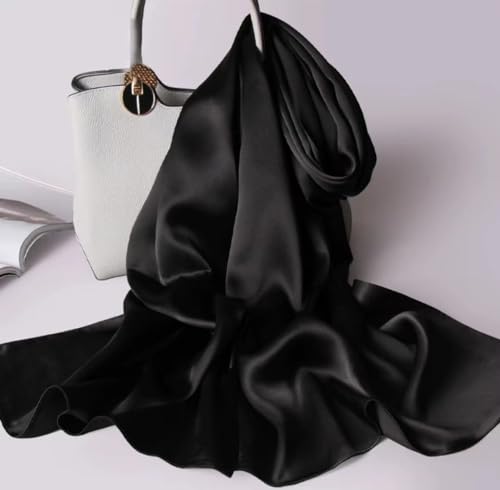 100% Mulberry Silk Long Scarf for Women Large Shawls for Headscarf and Neck- Oblong Hair Wraps with Gift Packed - color: Solid Color-black