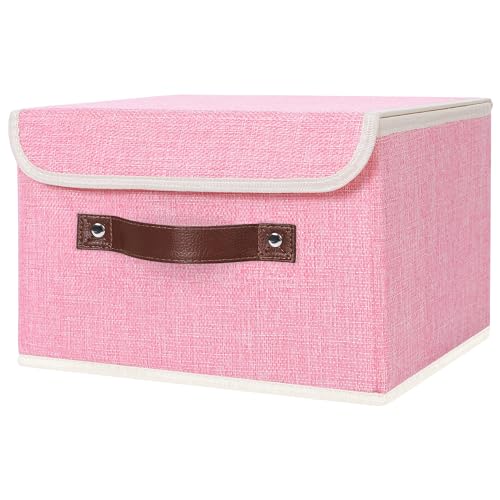 ANMINY Storage Bin with Lid Storage Boxes with PU Leather Handles PP Plastic Board Decorative Foldable Lidded Cotton Linen Fabric Home Cubes Baskets Closet Organizer Container - Pink, Small Size - color: Pink, size: Small (Pack of 1)