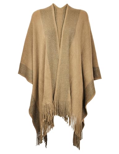 ZLYC Women's Shawl Golden Trim Knit Blanket Wrap Fringe Poncho Coat Cardigan - color: Camel