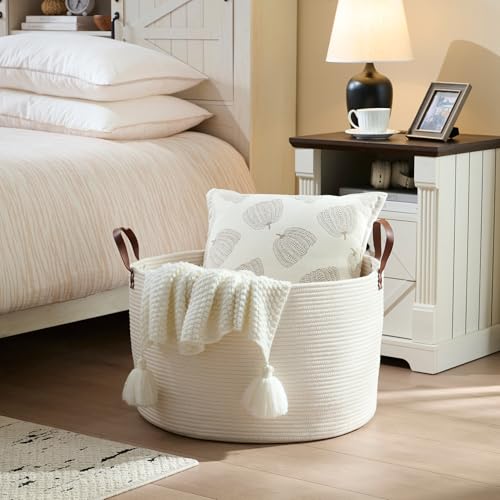 Extra Large Nursery Storage Basket, 22 x 22 x 14 inches - 100% Cotton Rope Baskets with Handles, Laundry Basket for Toys, Blankets & Pillows - Off White with Leather Handles