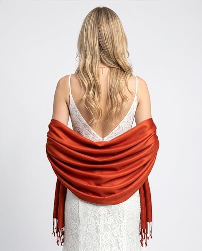 Achillea Lightweight Pashmina Scarf for Women – Soft Silky Shawl Wrap for Evening Dresses, Bridesmaids & Everyday Wear - color: Burnt Orange
