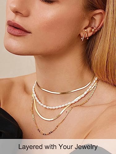 FOCALOOK 14K Gold Plated Necklaces for Women, Fashion Herringbone Choker Necklace Stainless Steel Flat Snake Chain 3/5MM(W) 12.5"/15"/18"+3.5"(L) - color: 3MM-14K Gold-12.5"