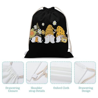 Sunflower Bee Cute Cartoon Gnome Black Portable Canvas Drawstring Backpack with Drawstring Pockets 30x40cm - color: Sunflower Bee Cute Cartoon Gnome Black, size: 30x40cm