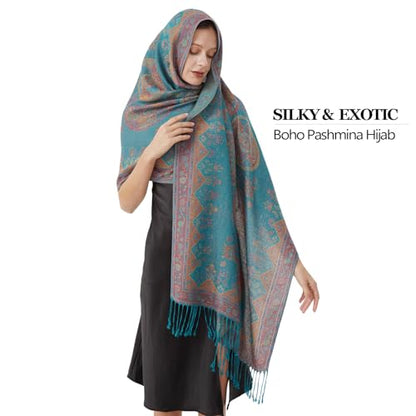 Paisley Pashmina Rave Shawl Scarf-Women's Reversible Ethnic Jacquard Pashmina Wraps for Travel - color: D#. Turquoise