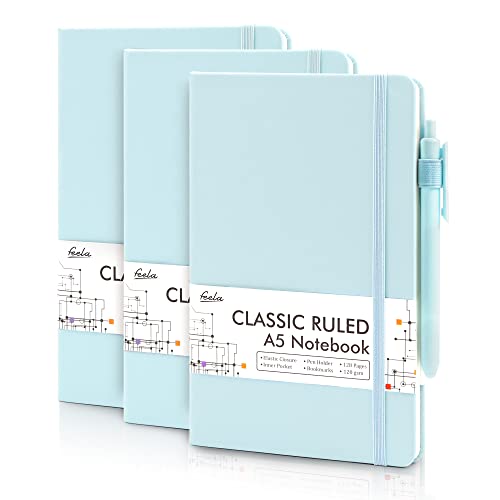 feela 3 Pack Notebooks Journals Bulk, Hardcover Notebook Classic Ruled Lined Journals with Pen Holder for Women Girls School Business Supplies, with 3 Black Pens, 120 GSM, 5.1”x8.3”, A5, Sky Blue - color: 3 Sky Blue