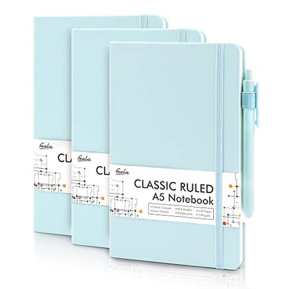feela 3 Pack Notebooks Journals Bulk, Hardcover Notebook Classic Ruled Lined Journals with Pen Holder for Women Girls School Business Supplies, with 3 Black Pens, 120 GSM, 5.1”x8.3”, A5, Sky Blue - color: 3 Sky Blue