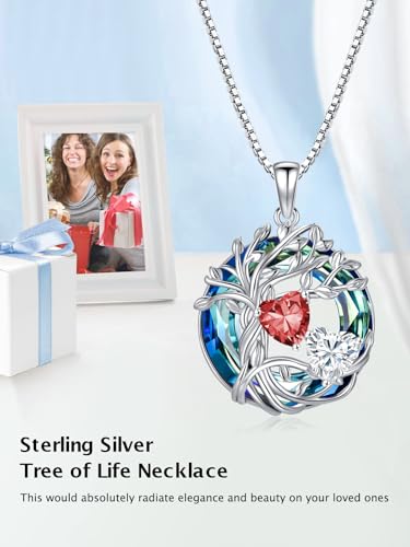 TOUPOP s925 Sterling Silver Family Celtic Tree of Life Pendant Necklaces with 2 Heart Birthstone with Blue Austrian Crystal Jewelry Birthday Valentines Day Gifts for Her, Anniversary Christmas Gifts for Wife Girlfriend Mom (18K Real White Gold Filled) - c