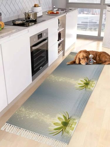 Zen Meditation Lotus Floral Washable Hallway Runner Rug, Laundry Room Bathroom Rug Green Floral Modern Art 2x5 Feet Woven Area Rug with Tassels, Throw Carpet Rug for Kitchen - size: 2x5FT