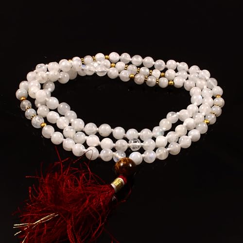 Meditation Blue Fire Moonstone 108 Mala Necklace|Natural AAA Moonstone Mala|108 Prayer Beaded Mala Necklace| Hand Knotted Mala Bracelet | Japa Mala| 8mm Round Beads|, ys/m, Gemstone, Moonstone, White