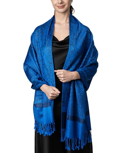 Achillea Two-Tone Vintage Paisley Pashmina Scarf – Lightweight Wrap & Shawl for Dresses, Weddings, Travel, All Seasons - color: Dark Blue