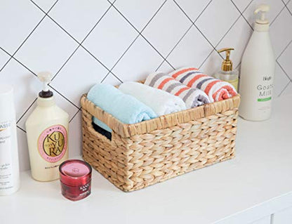 Natural Woven Water Hyacinth Rectangular Wicker Basket with Handles, Small Storage Bin Organizer, 12 Inch Shallow Basket Tray - size: Small