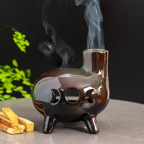 MOUGIGI Handcrafted Ceramic Palo Santo Holder Burner with Green Glaze - Modern Footed Pottery Incense Chimney Dish - Great for Meditation - Wood Sticks, Sage, Ash Catcher Bowl, Cone Compatible. - color: Glazed Ceramics -Footed Black and Green