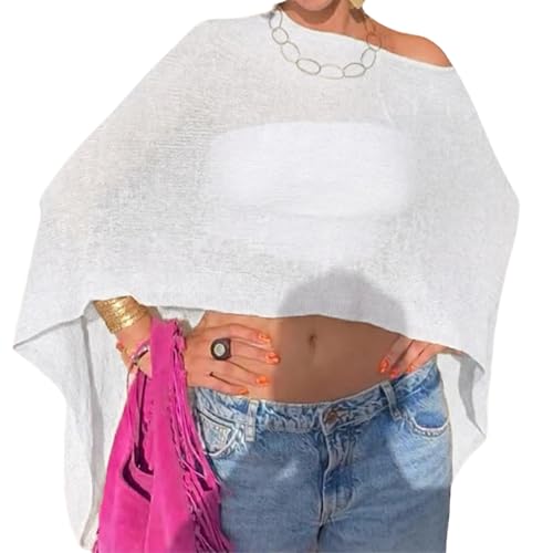 Women Sheer Poncho Top Knit Crochet Lightweight See Through Shawl Summer Shrug Beach Cover Up - color: A1 Pure White