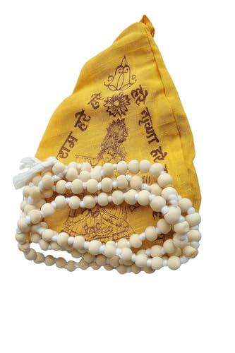 BHAVICREATION Tulsi Mala 108 Beads for Neck with Gaumukhi Jap Mala Bag for Pooja Worship (White Tulsi Mala 8 mm) - color: White Tulsi Mala 8 MM
