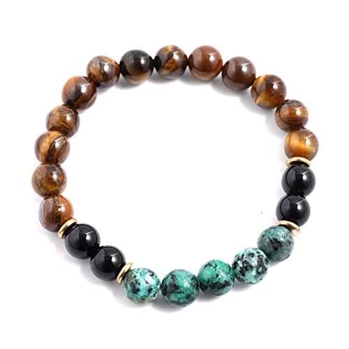 108 Mala Prayer Beads Necklace 8mm Natural Stones Meditation Yoga Jewelry Sets 108 Hand Made Japa Mala Beaded Long Tassel Necklace with Tassel Pendant for Men and Women - color: Tiger Eye+Black Onyx+African turquoise