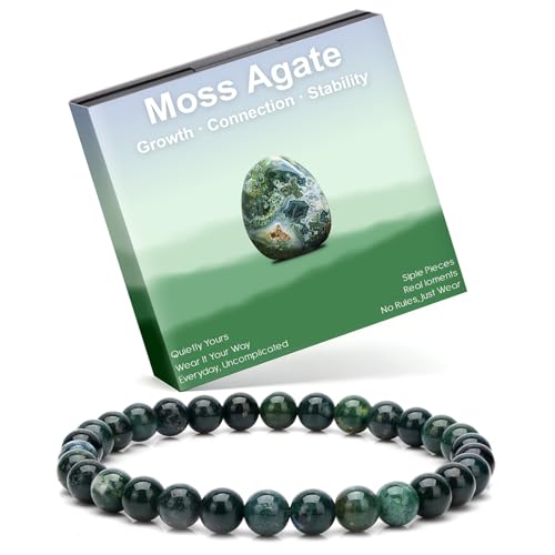 Handmade Natural Gemstone Stretch Elastic Bracelet,PE Film Anti-oxidation Packaging Natural Stone Crystal Healing Power Energy Gifts for Unisex Adult 4mm 6mm 8mm - color: Moss Agate, size: 6mm