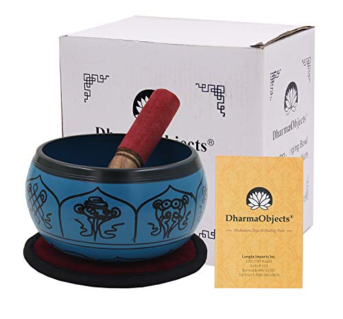 DharmaObjects Yoga Meditation 6 Inches 8 Lucky Symbols Singing Bowl/Cushion/Leather Mallet Gift Set (Turquoise) - color: Turquoise, size: 8 Lucky Symbol