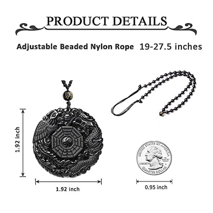 Black Obsidian Necklace Natural Crystal Amulet Protection Pendant with Adjustable Rope Lucky Talisman Necklaces Jewelry Gift for Men Women - color: Yin Yang Dragon Phoenix