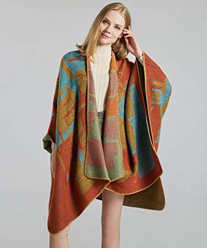 Women's Shawls and Wraps Open Front Poncho Cape Winter Sweater - color: B3-orange