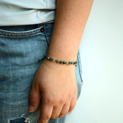 Natural Faceted Gemstone Bead Bracelet, Adjustable Waterproof Wax Cord, Hand-Knotted Design - color: Moss Agate