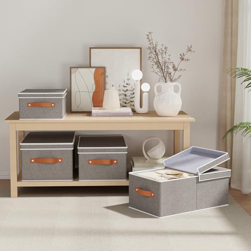 3-Pack Storage Boxes, Foldable Blanket Basket with Detachable Lid, Linen Closet 0rganizers with Double Handles, Collapsible Cubes for Organizing, Grey, 18.5 x 11 x 7.9 in