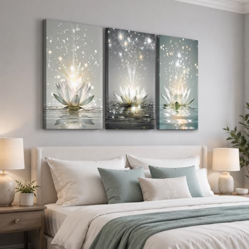 ANRUOXI White Lotus Floral Pictures Wall Art, Zen Canvas Prints Art Office Bedroom Bathroom Decor, Yoga Meditation Home Room Poster, Modern Artwork Spa Room Art Painting, Framed Ready to Hang - color: 3Zen Art02, size: 30"L x 20"W (3pcs)