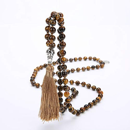 108 Mala Beads Necklace Semi-Precious Gem Stones Meditation Necklace 108 Hand Knotted Japa Mala Beaded Tassel Necklace with Tree of Life Pendant