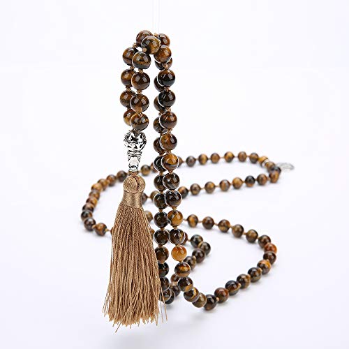 108 Mala Beads Necklace Semi-Precious Gem Stones Meditation Necklace 108 Hand Knotted Japa Mala Beaded Tassel Necklace with Tree of Life Pendant - color: Natural Tiger Eye