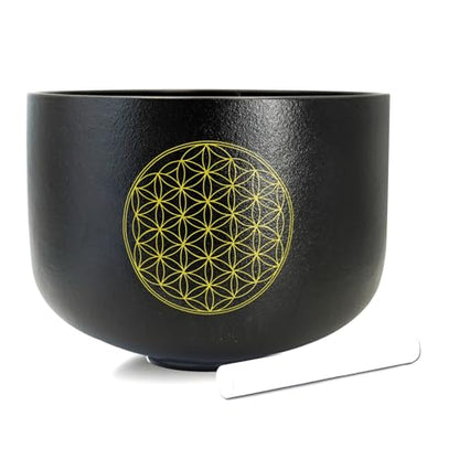 12" C Note Life of Flower Black Crystal Singing Bowl Base Root Chakra Quartz Singing Bowl Meditation Sound Healing with Suede Striker O-ring - size: 12 inch C NOTE