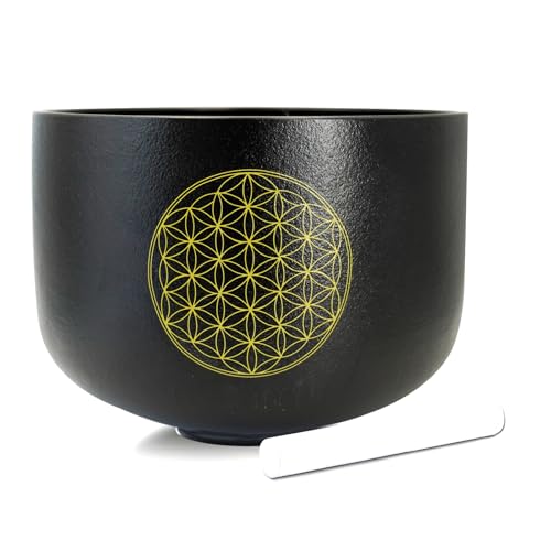 12" C Note Life of Flower Black Crystal Singing Bowl Base Root Chakra Quartz Singing Bowl Meditation Sound Healing with Suede Striker O-ring - size: 12 inch C NOTE