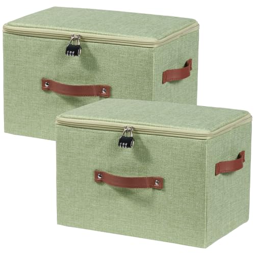 2PCS Storage Bins Box with Zipper Lid Combination Lock PU Leather Handles Cotton Linen Fabric Lidded Lockable Basket Foldable Washable Closet Shelf Organizer Container (Light Green, Large) - color: Light Green, size: Large ( Set of 2 )
