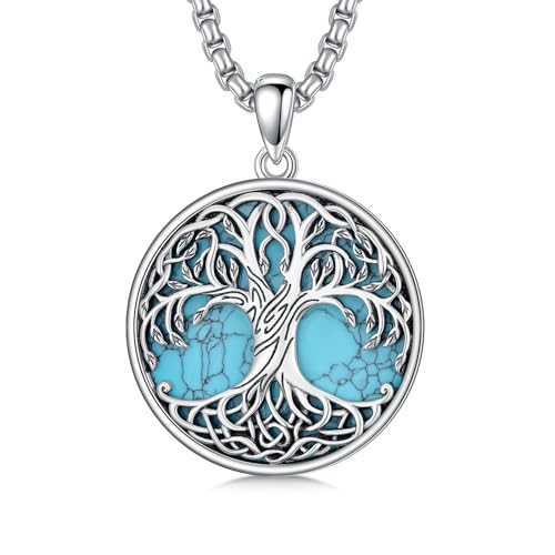 Tree of Life Necklace 925 Sterling Silver Round Tree of Life Pendant Jewelry for Men Women, w/Stainless Steel Chain 22''+2'' - style: A05-Turquoise