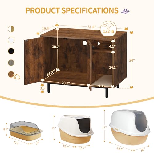Hzuaneri Cat Litter Box Enclosure Enclosed, Hidden Litter Box Cabinet Furniture with Storage, Wooden Indoor Cat House Large, Modern End Table for Living Room Entryway, Rustic Brown and Black CB01501B - color: Rusic Brown