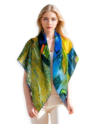 PoeticEHome Cashmere Scarf Wrap 36"x36" - Featherlight & Wrinkle-Free Artistic Square Shawl for Travel & Office, Gift Ready - color: Terrace of a Café at Night - 36"